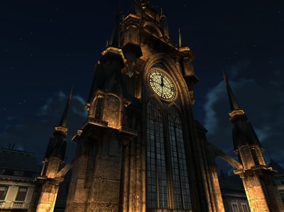 Fire-lit fantasy clock tower
